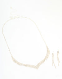 Silver Diamante Thin Pavé Twisted Necklace & Earrings Set - link has visual effect only