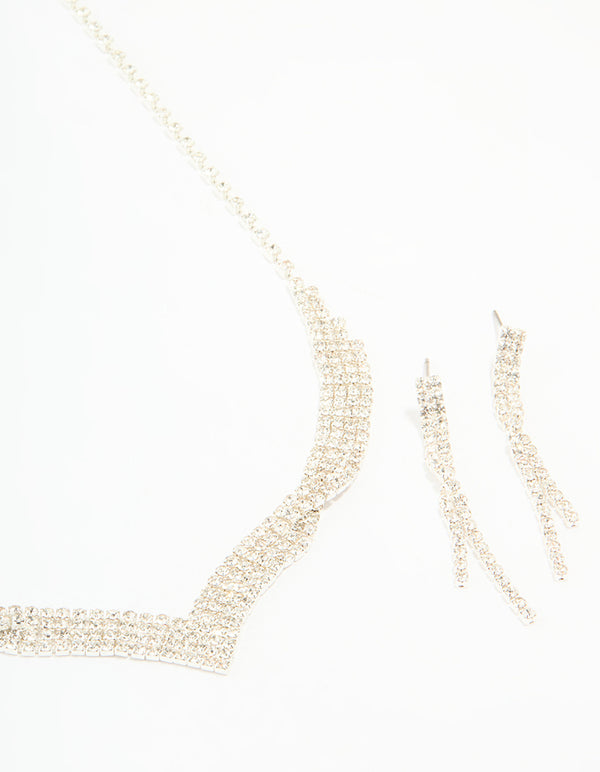 Silver Diamante Thin Pavé Twisted Necklace & Earrings Set