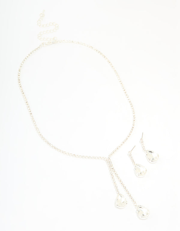Silver Diamante Pearl Drop Y-Necklace & Earrings Set