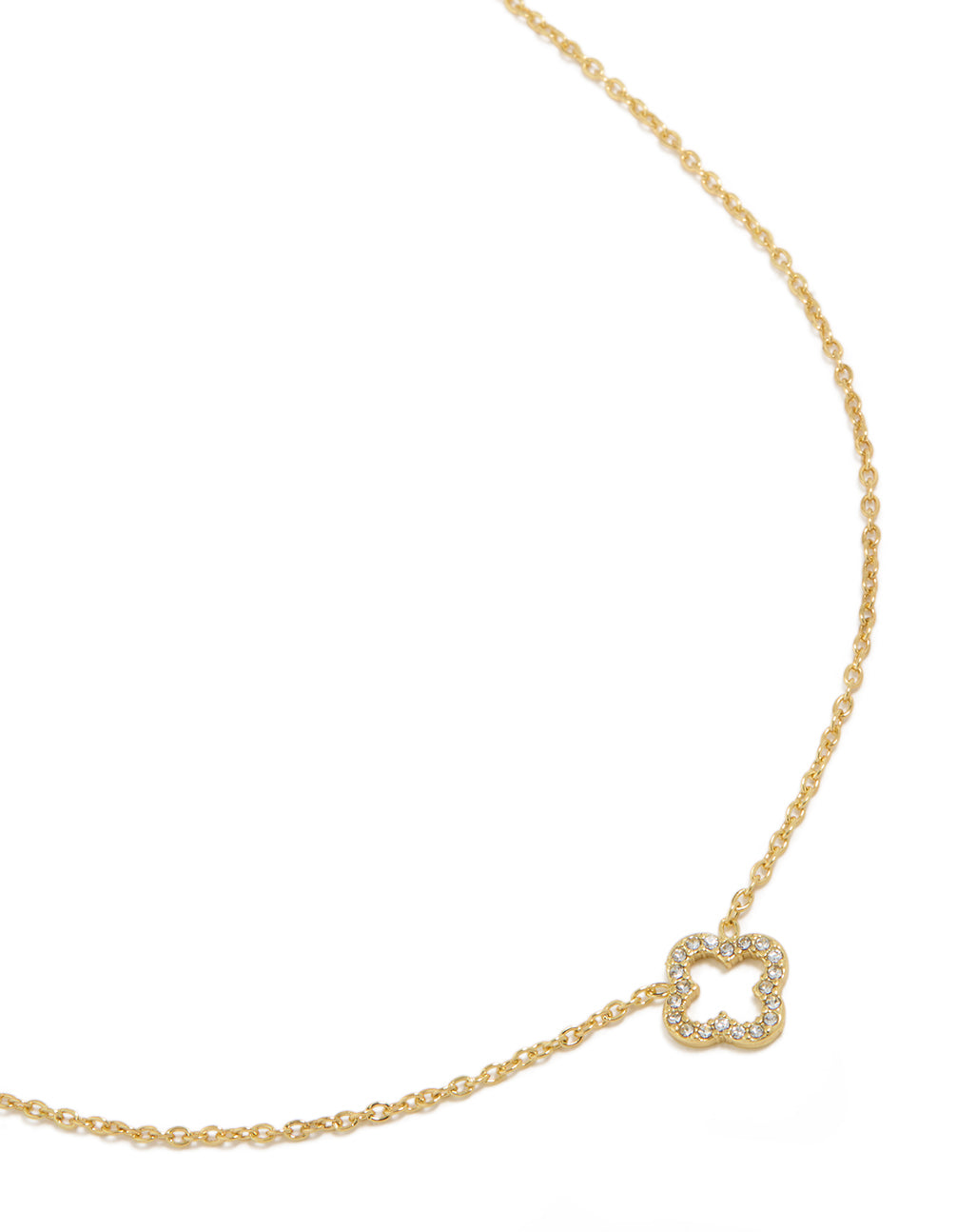 Showcasing a waterproof diamante flower outline necklace featuring a pendant, crafted from gold plated stainless steel, in front view