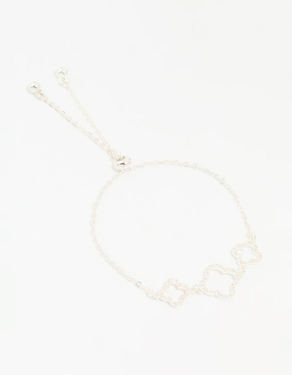 Silver Plated Cubic Zirconia Outline Triple Flower Toggle Bracelet