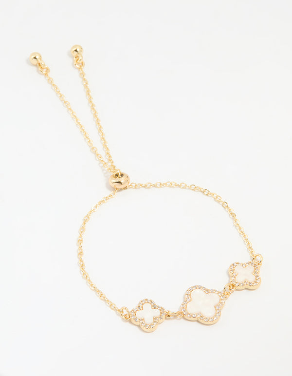 Gold Plated Cubic Zirconia Triple Flower Outline Toggle Bracelet