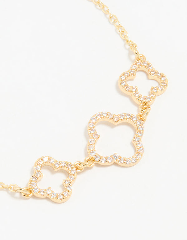 Gold Plated Cubic Zirconia Triple Flower Outline Toggle Bracelet
