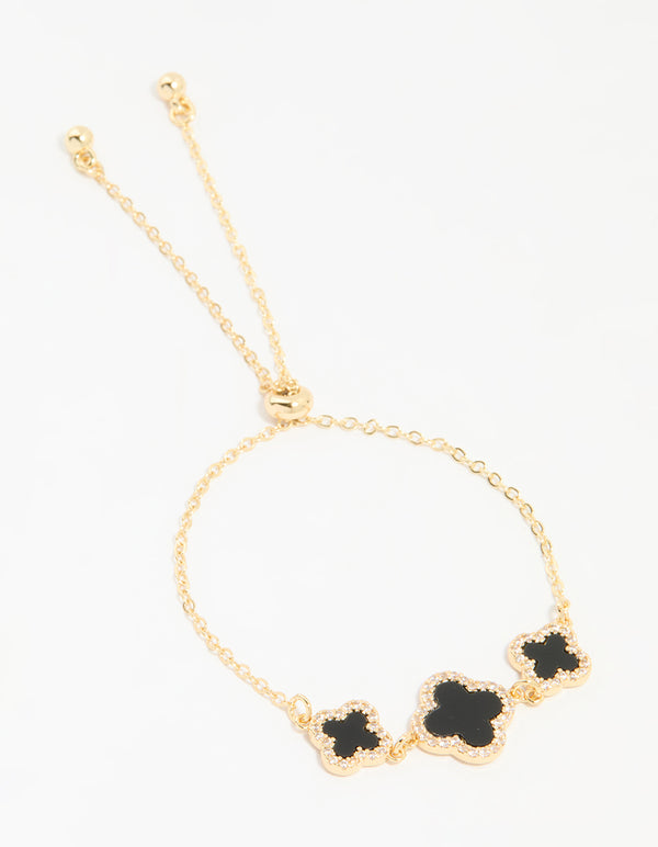 Gold Plated Cubic Zirconia Black Triple Flower Bracelet