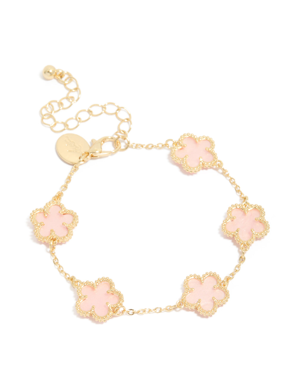 Crafted from gold plated material, this pink flowers charm bracelet features with dainty style in a front view