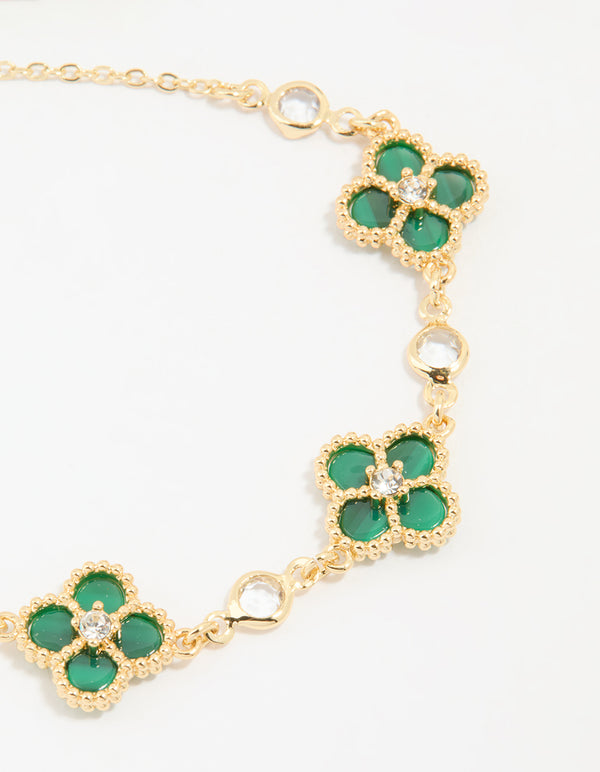 Gold Plated Cubic Zirconia Emerald Flower Bracelet
