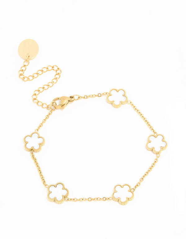 Waterproof Gold Plated Stainless Steel Ivory Inlay Flower Petals Charm Bracelet
