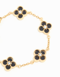 Waterproof Gold Plated Stainless Steel Diamante Black Inlay Flowers Charms Bracelet - link has visual effect only
