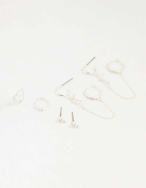Silver Plated Brass Cubic Zirconia Cross Stud & Chain Earrings 4-Pack