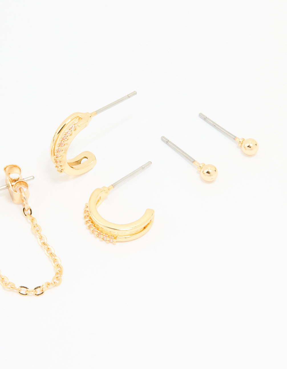 Gold Plated Brass Cubic Zirconia Heart & Chunky Huggie Earrings 4-Pack