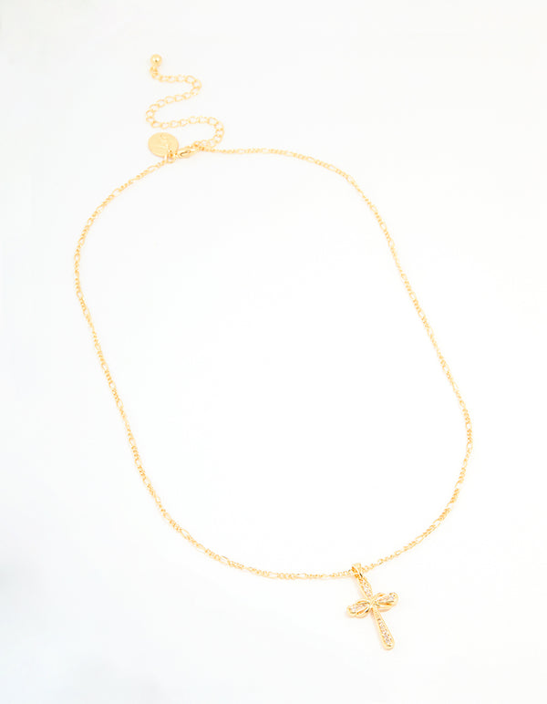 Gold Plated Brass Cubic Zirconia Large Cross Pendant Necklace