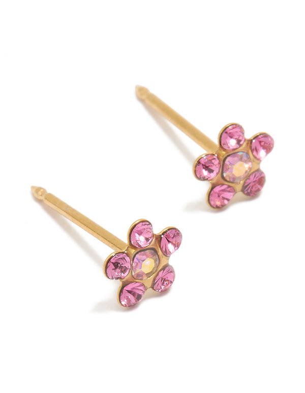 24K Gold Plated Surgical Stainless Steel Pink Cubic Zirconia Daisy Piercing Stud