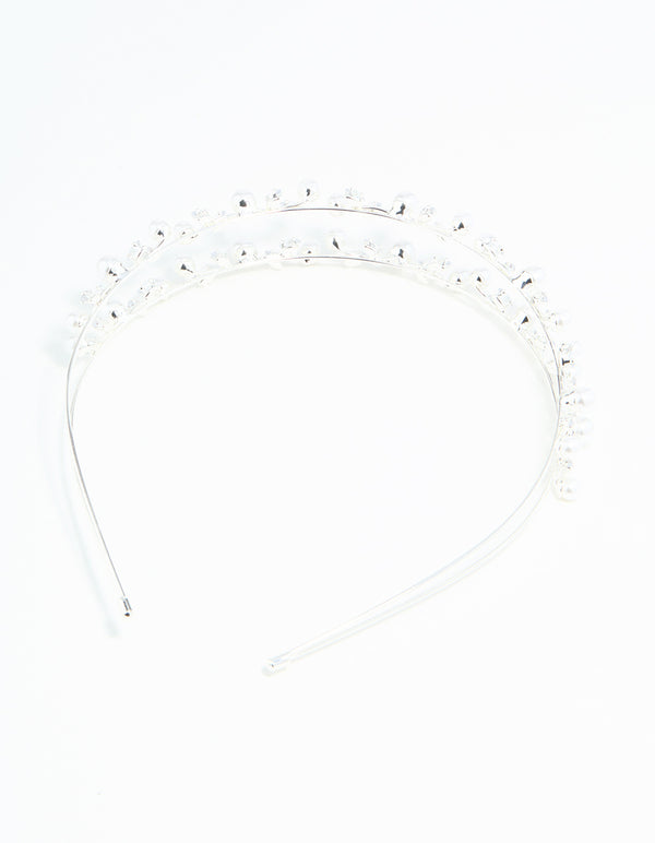 Silver Leaf Diamante Pearl Wire Layered Headband