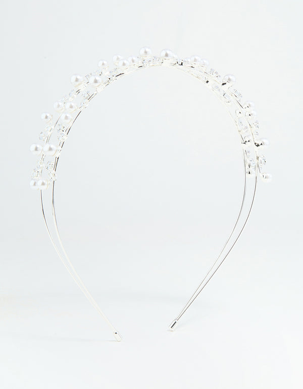 Silver Leaf Diamante Pearl Wire Layered Headband