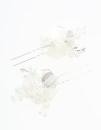 Silver Pearl Laser-Cut Flower Hair Pins 2-Pack - link has visual effect only