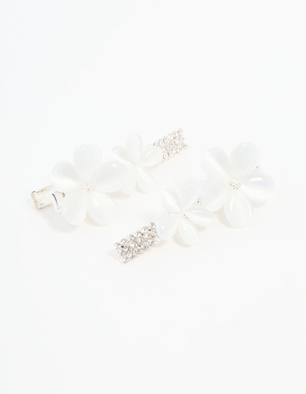 Silver Diamante Pave Double Flower Hair Clips 2-Pack