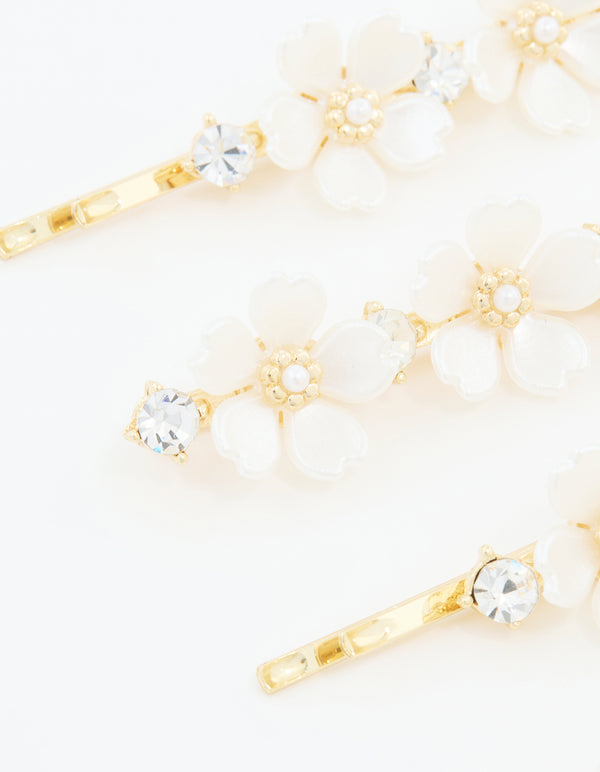 Gold Pearl Diamante Flower Hair Clips 3-Pack