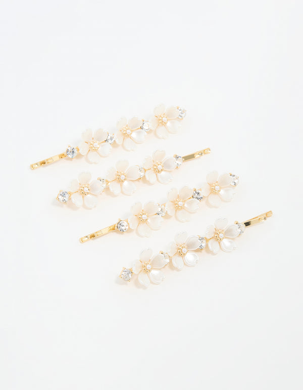 Gold Pearl Diamante Flower Hair Clips 3-Pack