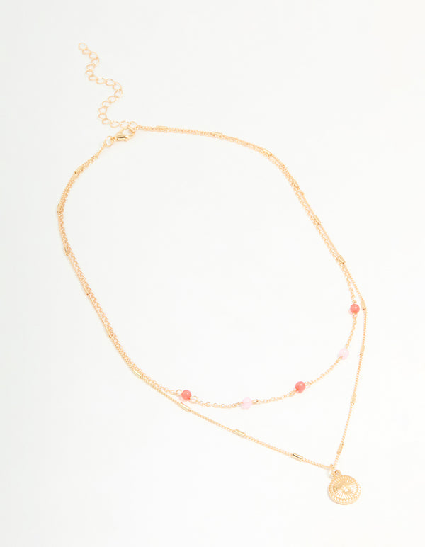 Gold Red & Pink Beaded & Pendant Layered Necklace