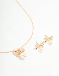 Gold Bow Pearl Necklace & Earrings Set - link has visual effect only