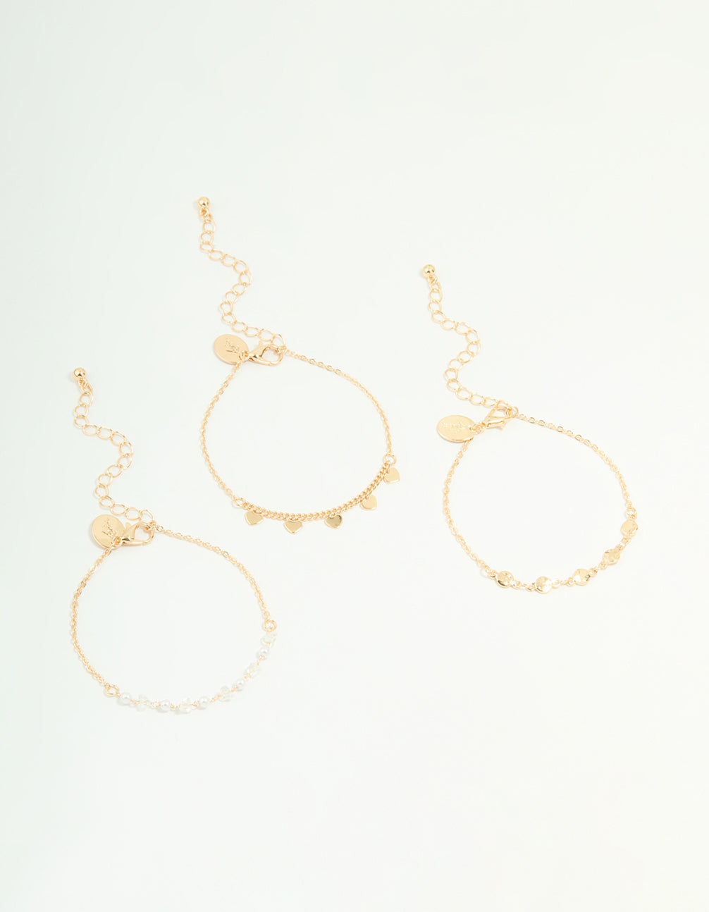 Gold Disc Pearl & Heart Bracelets 3-Pack