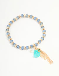 Gold Blue Beaded Feather Stretch Bracelet - link has visual effect only