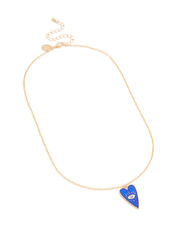 Gold Blue Enamel Heart Evil Eye Necklace