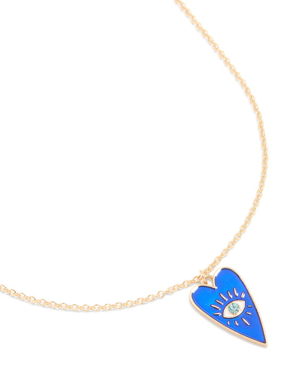 Gold Blue Enamel Heart Evil Eye Necklace
