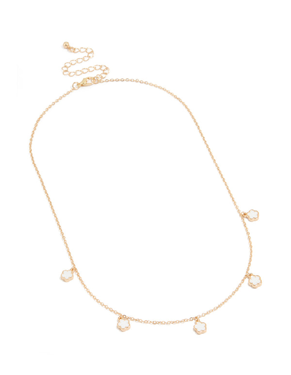 Gold White Flower Petal Station Necklace