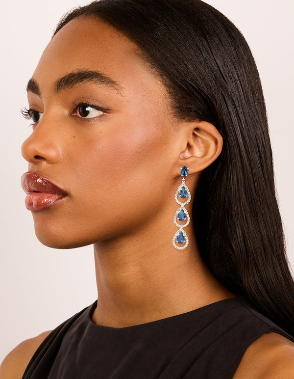Silver Blue Diamante Pavé Teardrop Drop Earrings