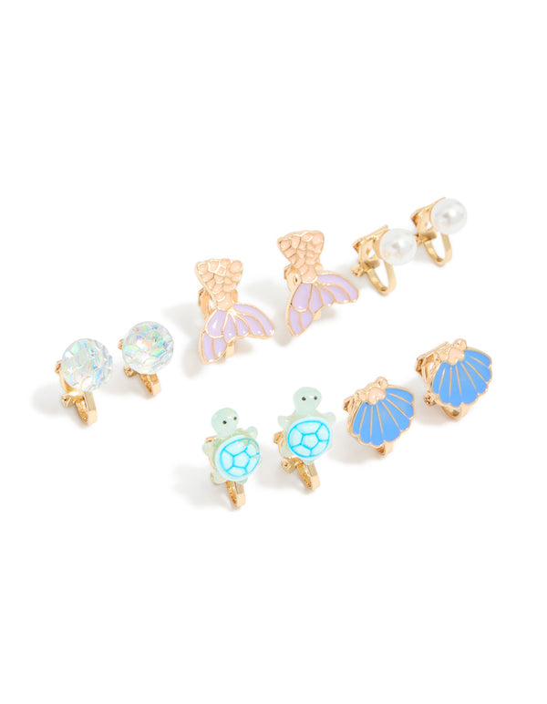 Kids Gold Turtle & Mermaid Clip On Earrings 5-Pack