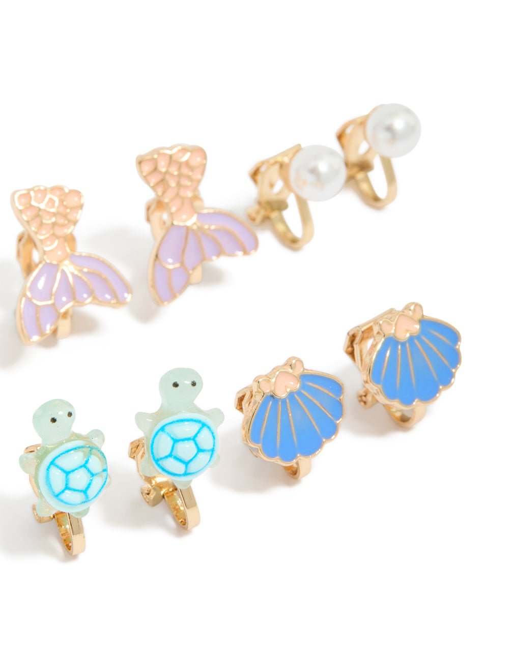 Showcasing kids turtle and mermaid clip on earrings in a 5-pack with ocean pearl and shell feature in gold lavender light blue mint cream close up view
