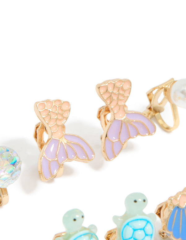 Kids Gold Turtle & Mermaid Clip On Earrings 5-Pack