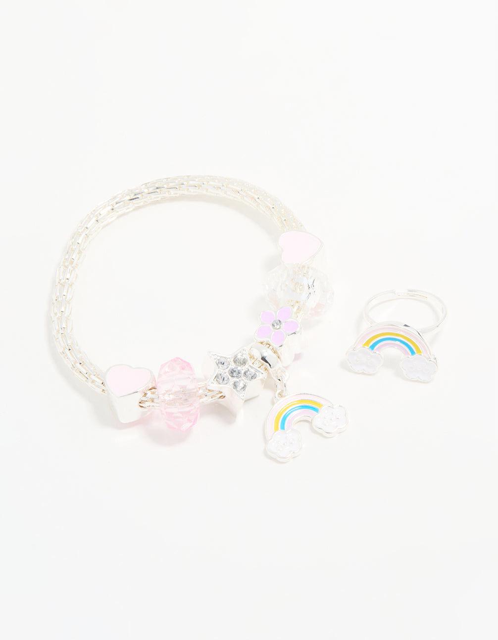 Kids Silver Beaded Rainbow Bracelet & Ring Pack