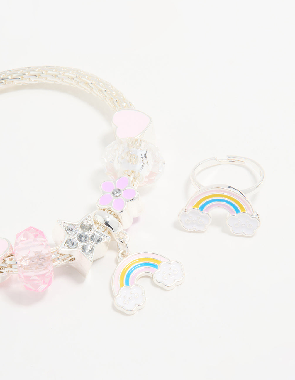 Kids Silver Beaded Rainbow Bracelet & Ring Pack