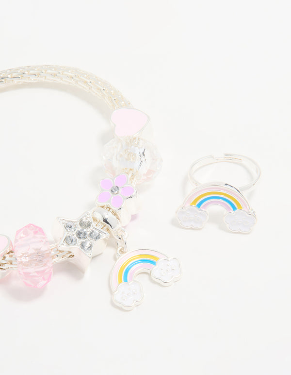 Kids Silver Beaded Rainbow Bracelet & Ring Pack