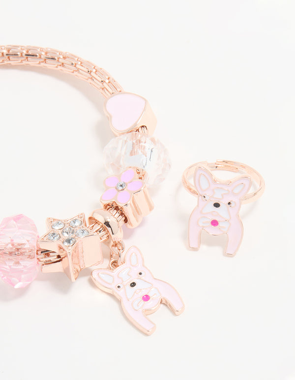 Kids Rose Gold Pink Dog Bracelet & Ring Pack