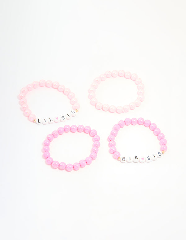 Kids Pink Beaded Little Sis Big Sis Bracelets 4-Pack