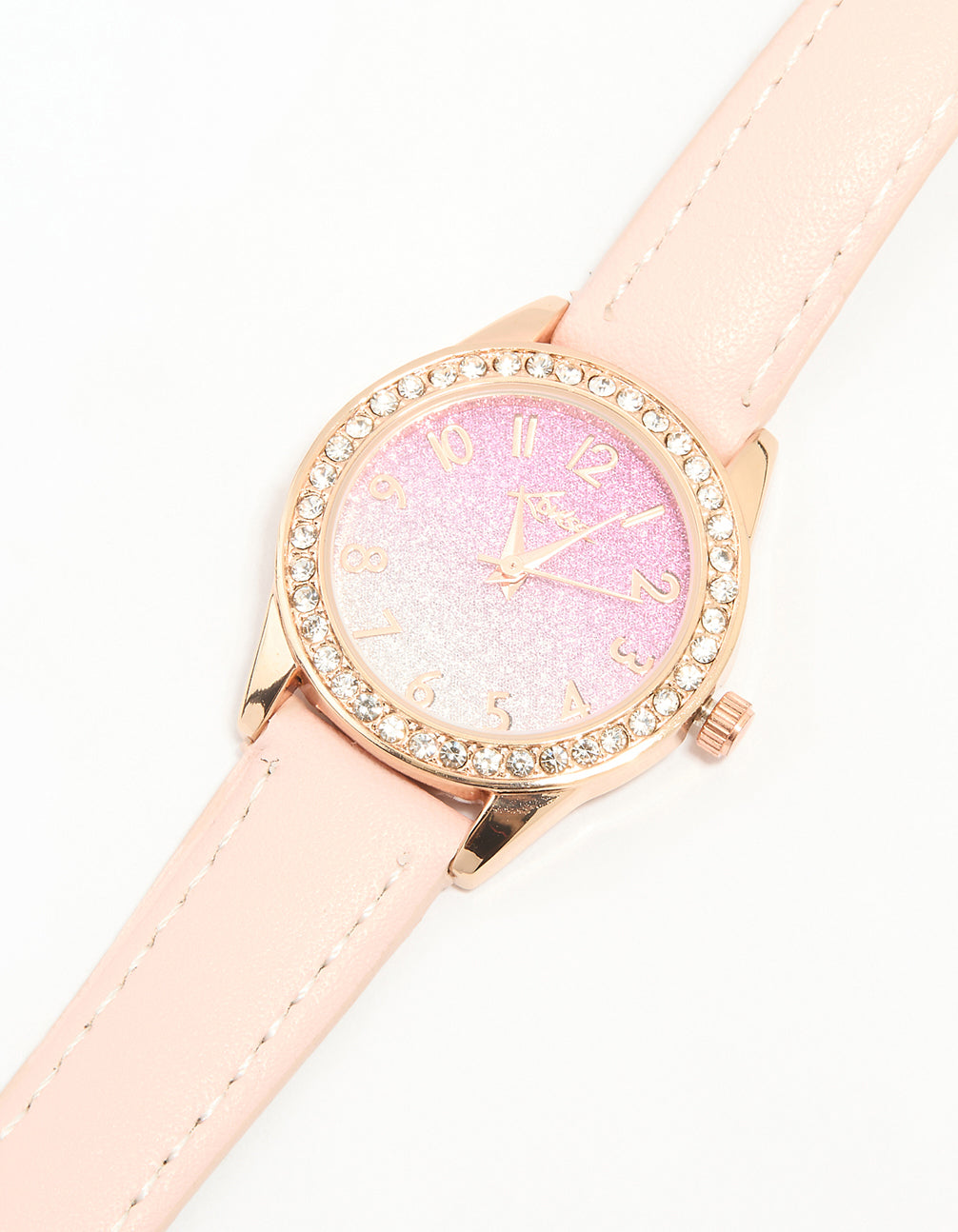Kids pink rose gold analogue watch featuring glitter and number with round dial shape in casual style and leather strap watch face detail view