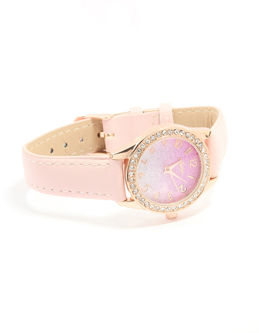 Featuring kids pink rose gold analogue watch featuring glitter and number with round dial shape in casual style and leather strap front view
