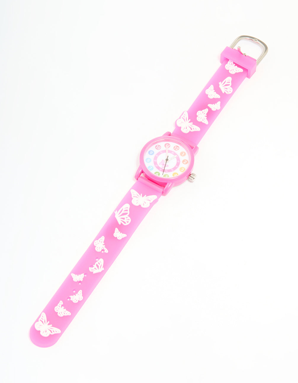 Discover this kids pink butterfly watch, white dial, round shape, women's casual analog timepiece with silicone strap front view