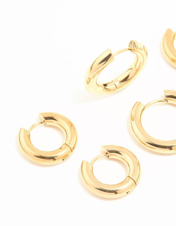 Waterproof Gold Plated Stainless Steel Thick Earrings 3-Pack
