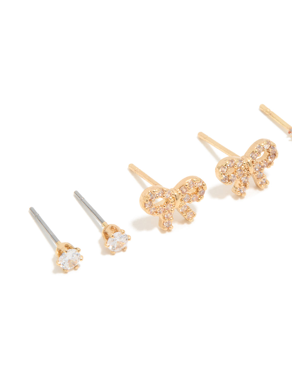 Beautifully crafted waterproof gold plated stainless steel cubic zirconia and pearl stud earrings in a 4-pack with bow details close up view
