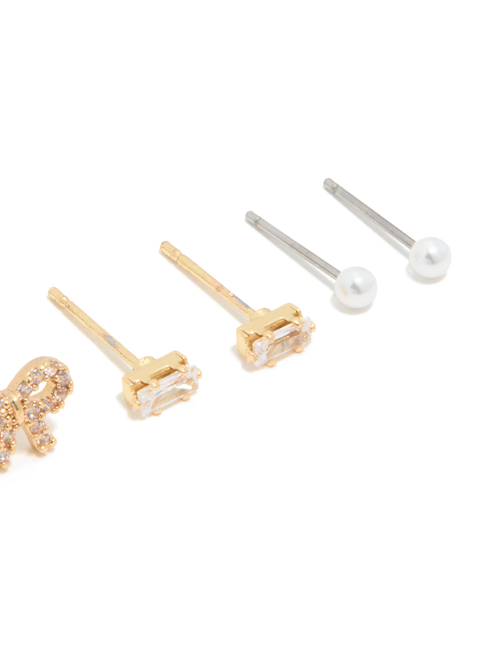 Designed with waterproof gold plated stainless steel cubic zirconia and pearl stud earrings in a 4-pack featuring bow elements post detail view