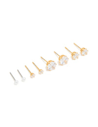 Waterproof Gold Plated Stainless Steel Cubic Zirconia & Pearl Classic Stud Earrings 4-Pack - link has visual effect only