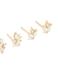 Waterproof Gold Plated Stainless Steel Cubic Zirconia Flower Stacker Earrings 3-Pack - link has visual effect only