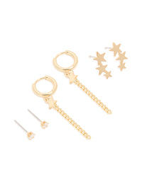 Waterproof Gold Plated Stainless Steel Cubic Zirconia Celestial Stacker Earrings 3-Pack - link has visual effect only