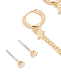 Waterproof Gold Plated Stainless Steel Cubic Zirconia Celestial Stacker Earrings 3-Pack - link has visual effect only