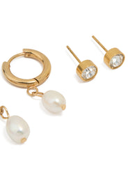 Waterproof Gold Plated Stainless Steel Freshwater Pearl Huggie & Stud Earrings 3-Pack - link has visual effect only