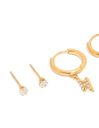 Waterproof Gold Plated Stainless Steel Cubic Zirconia Bolt Stacker Earrings 3-Pack - link has visual effect only